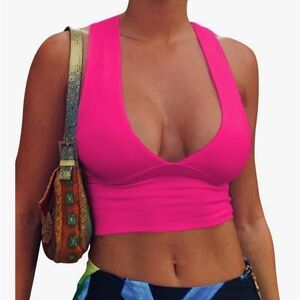 Deep V Neck Back Cutout Sleeveless Plunge Racerback Tank Cropped Top Pink